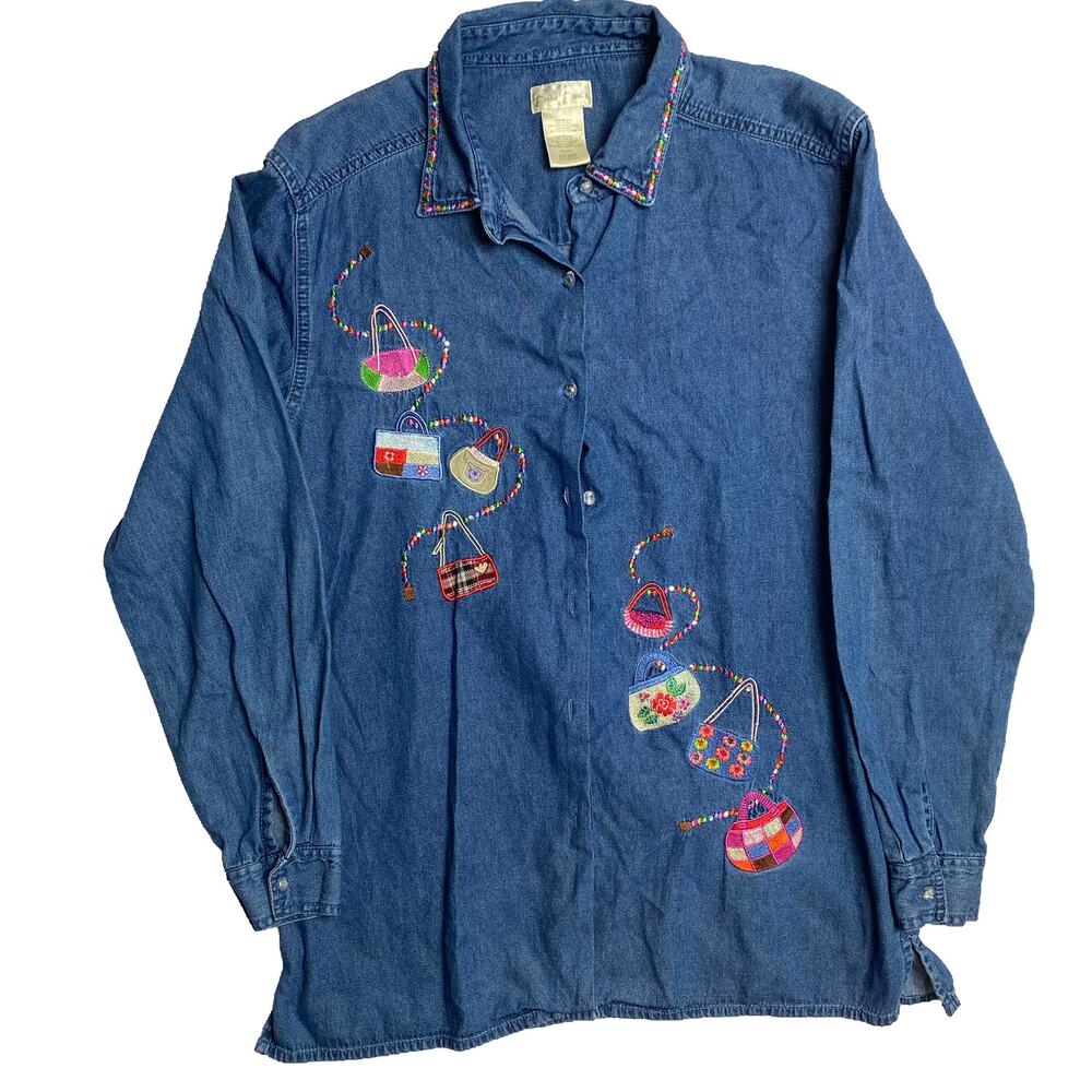 Bobbie Brooks Embroidered Denim Button-Up, Purse Design, Size Medium